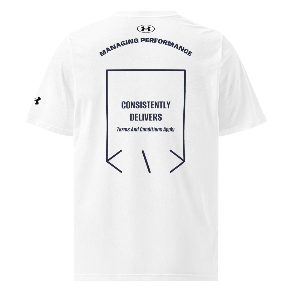 Consistently Delivers — White Navy back mockup