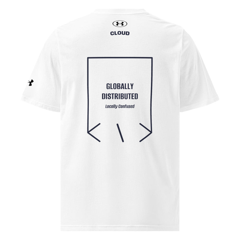 Globally Distributed — White Navy back mockup