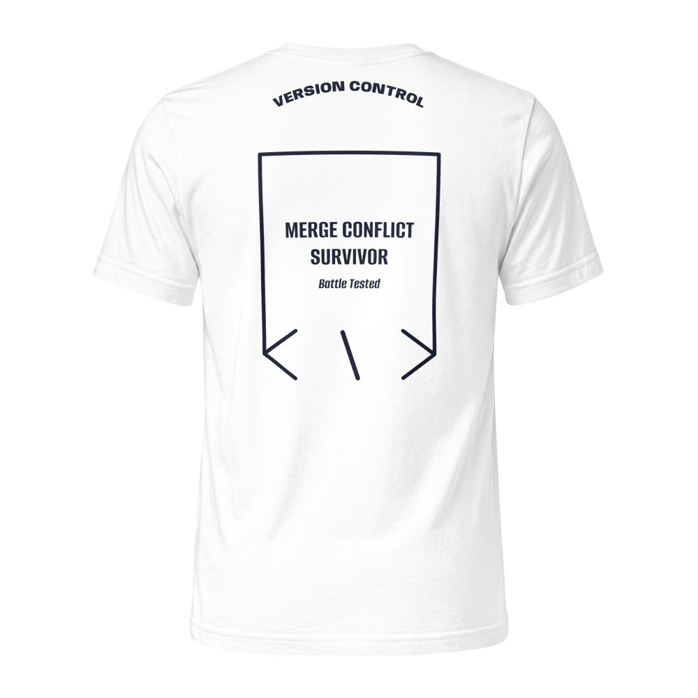 Merge Conflict Survivor — White Navy back mockup