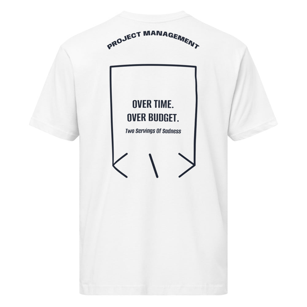 Over Time. Over Budget. — White Navy back mockup