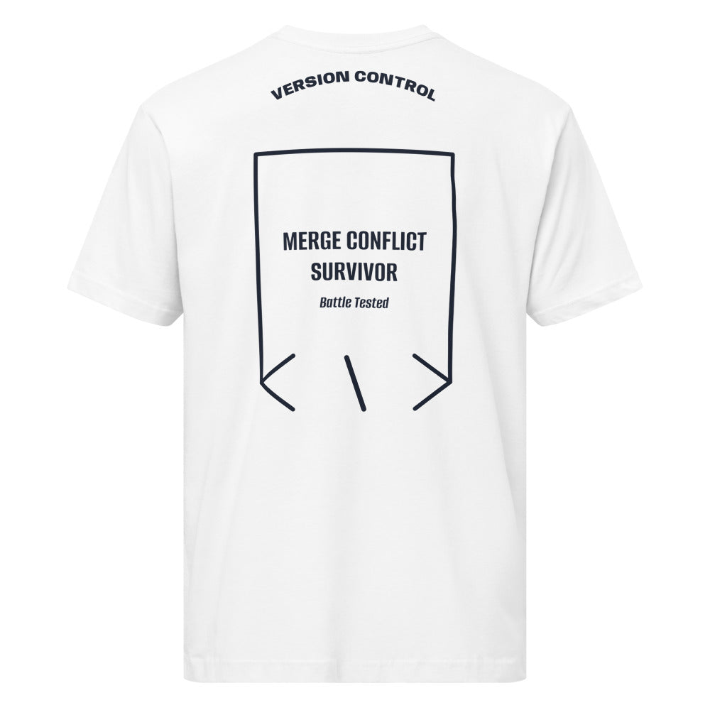 Merge Conflict Survivor — White Navy back mockup