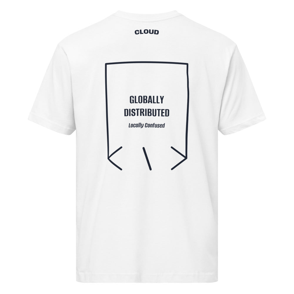 Globally Distributed — White Navy back mockup