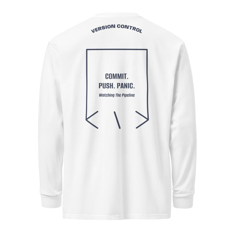 Commit. Push. Panic. — White Navy back mockup
