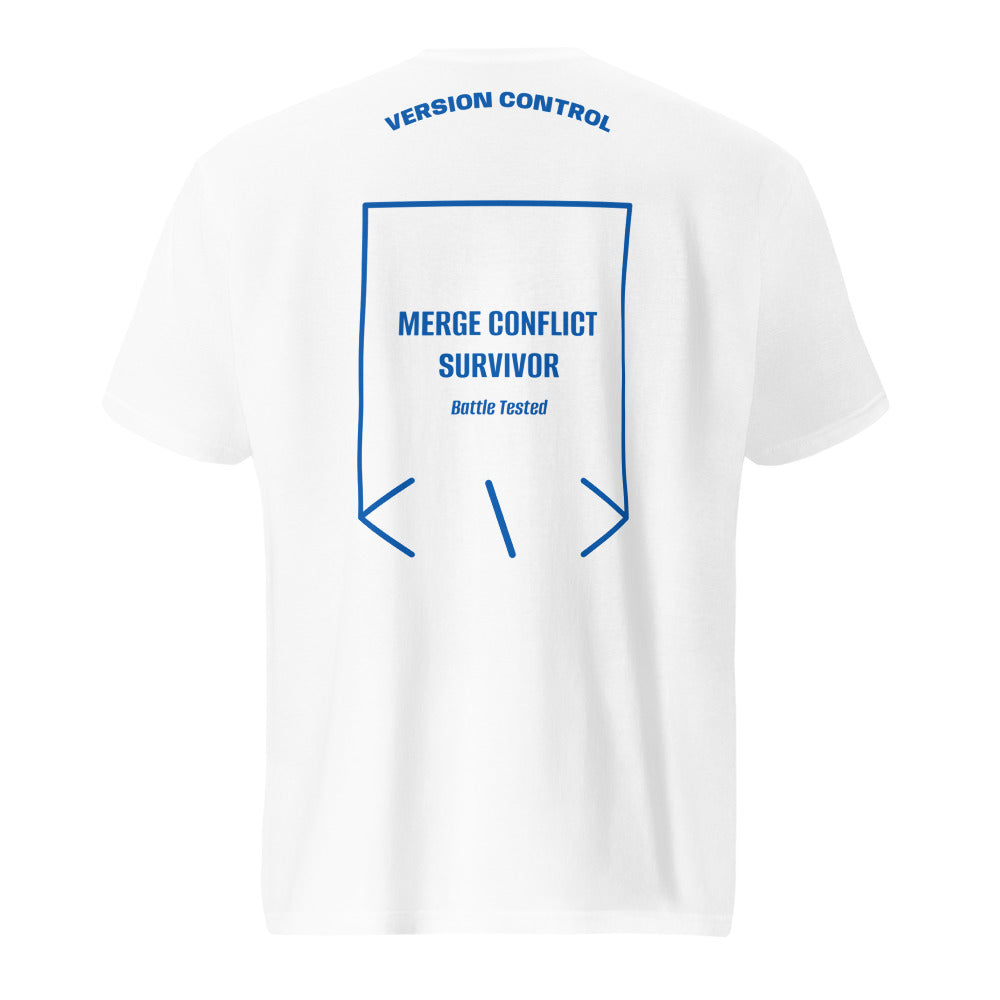 Merge Conflict Survivor — White Royal Blue back mockup