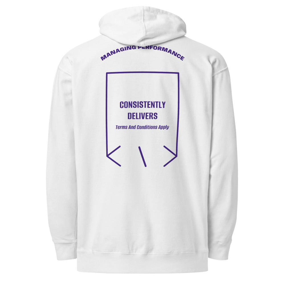 Consistently Delivers — White Purple back mockup