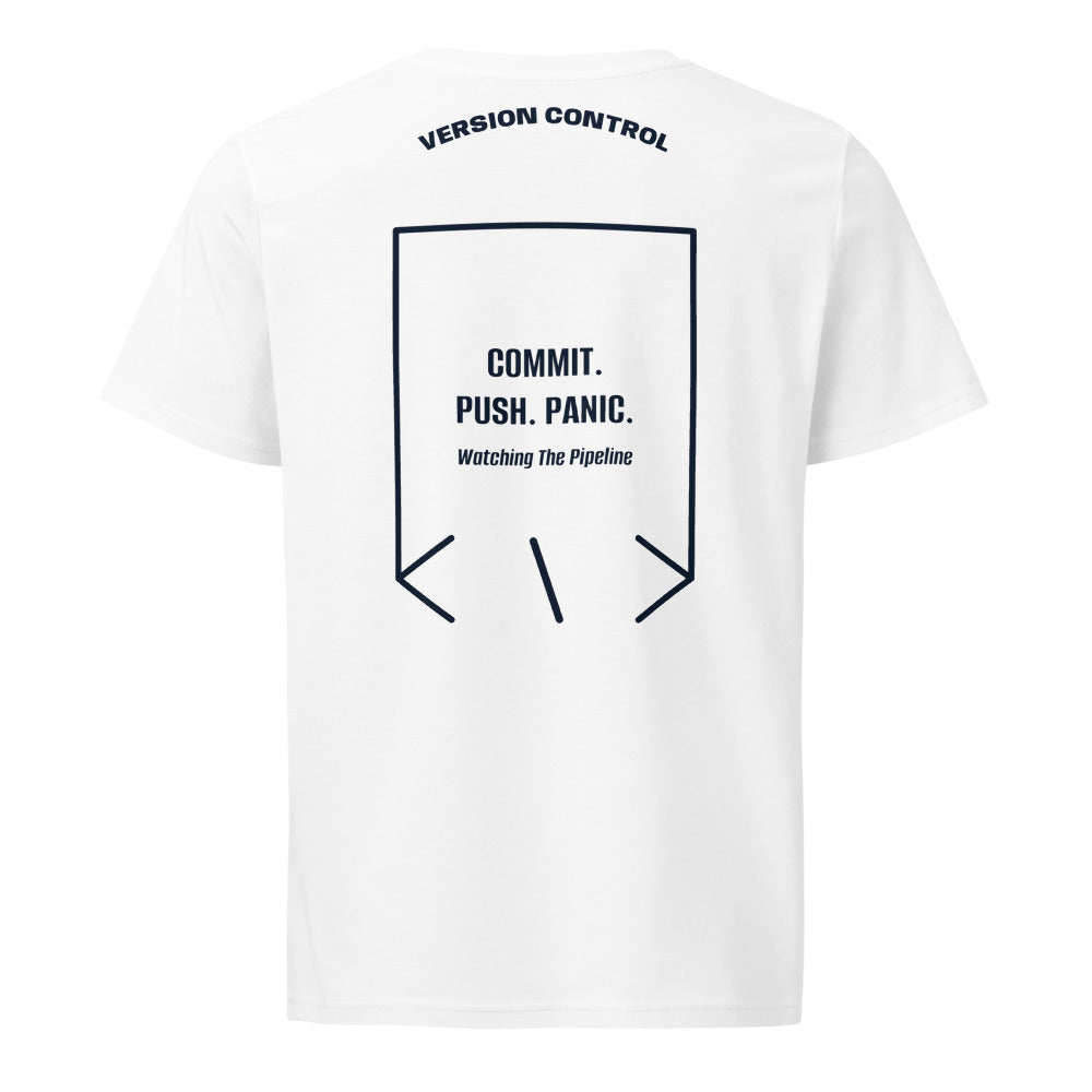 Commit. Push. Panic. — White French Navy back mockup