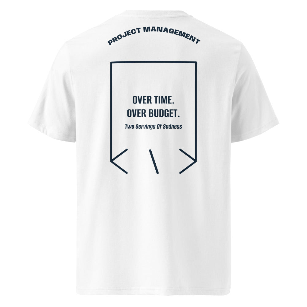 Over Time. Over Budget. — White French Navy back mockup