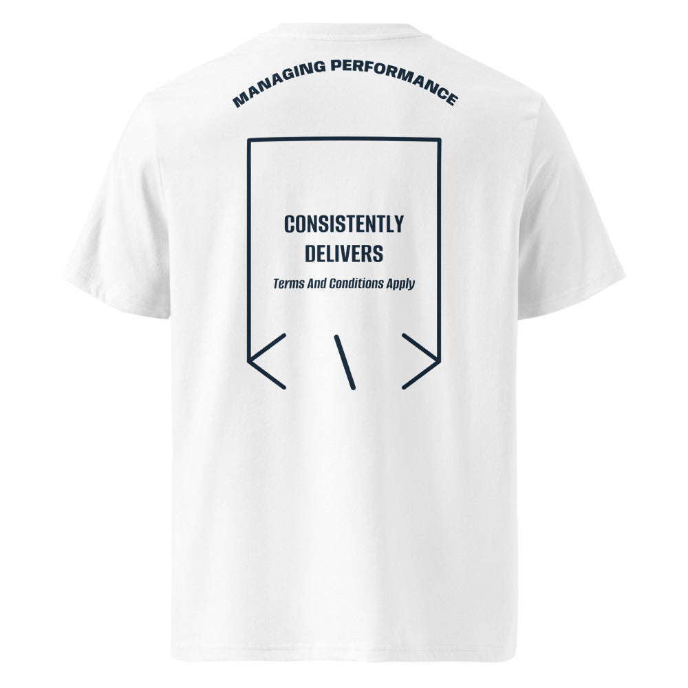 Consistently Delivers — White French Navy back mockup