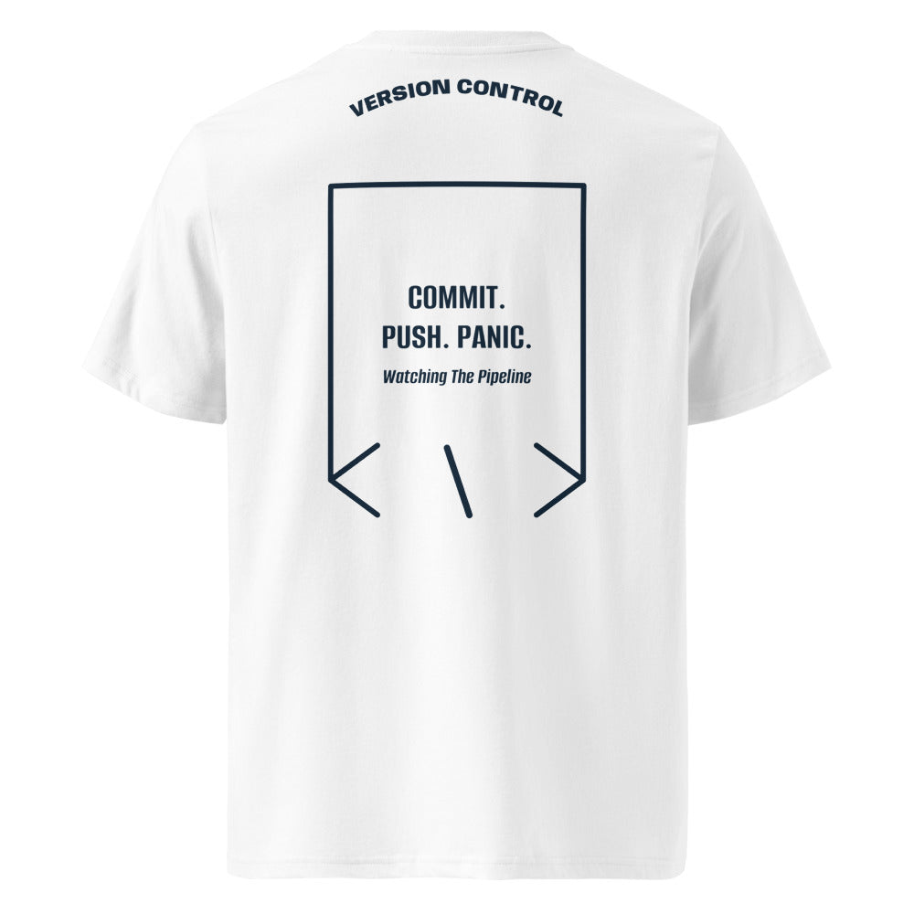 Commit. Push. Panic. — White French Navy back mockup