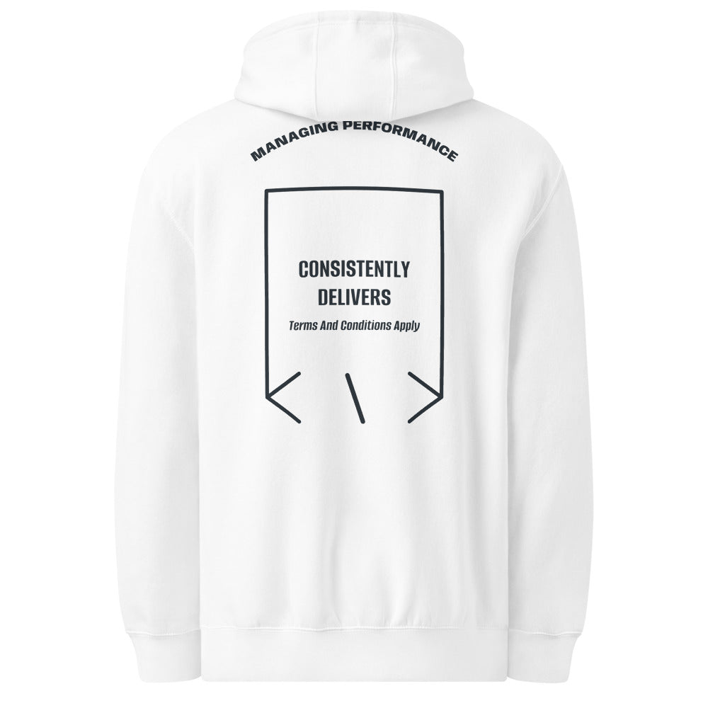 Consistently Delivers — White Navy back mockup