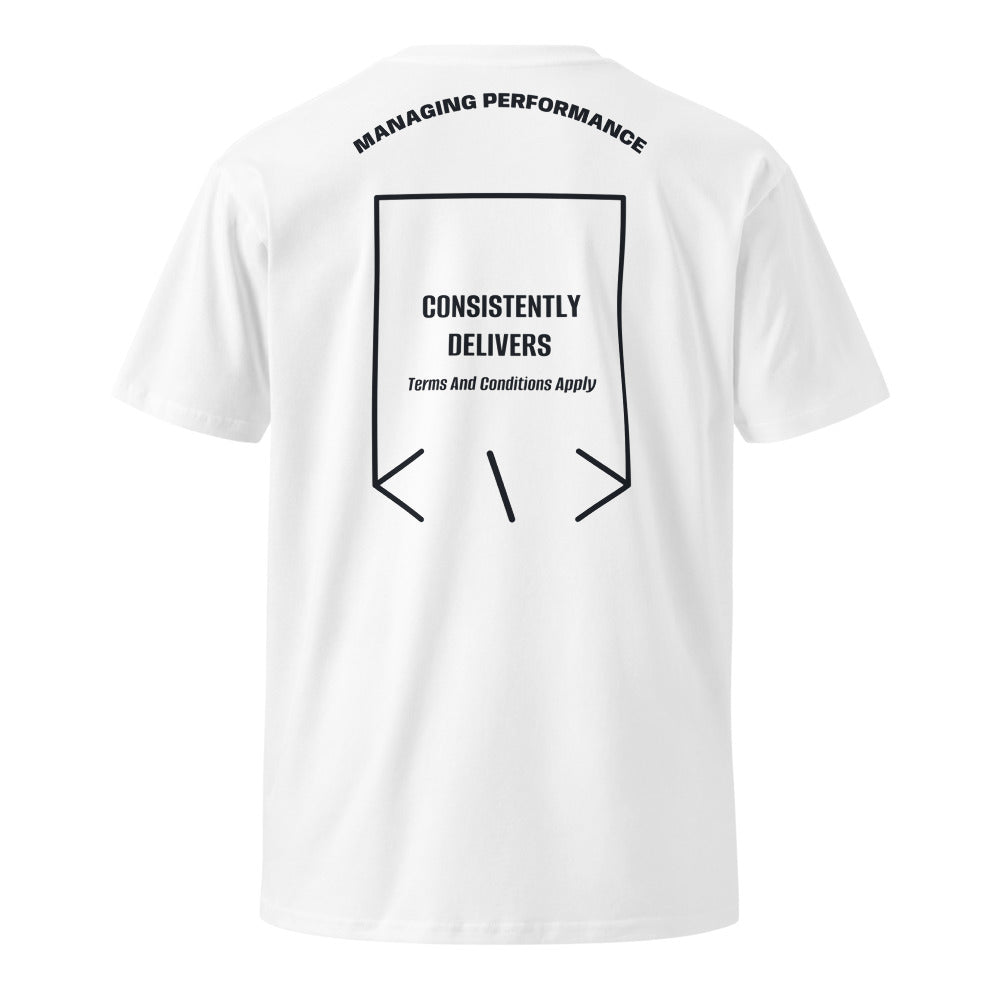 Consistently Delivers — White Navy back mockup