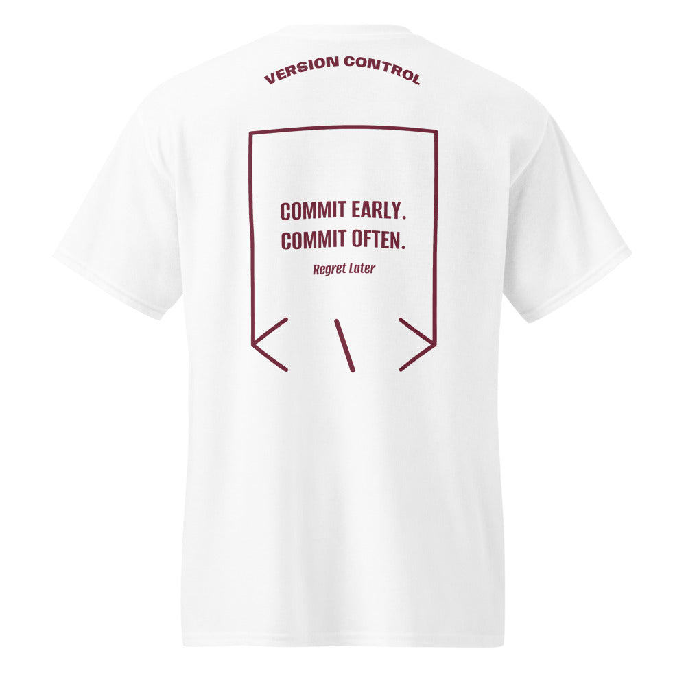 Commit Early. Commit Often. — White Maroon back mockup