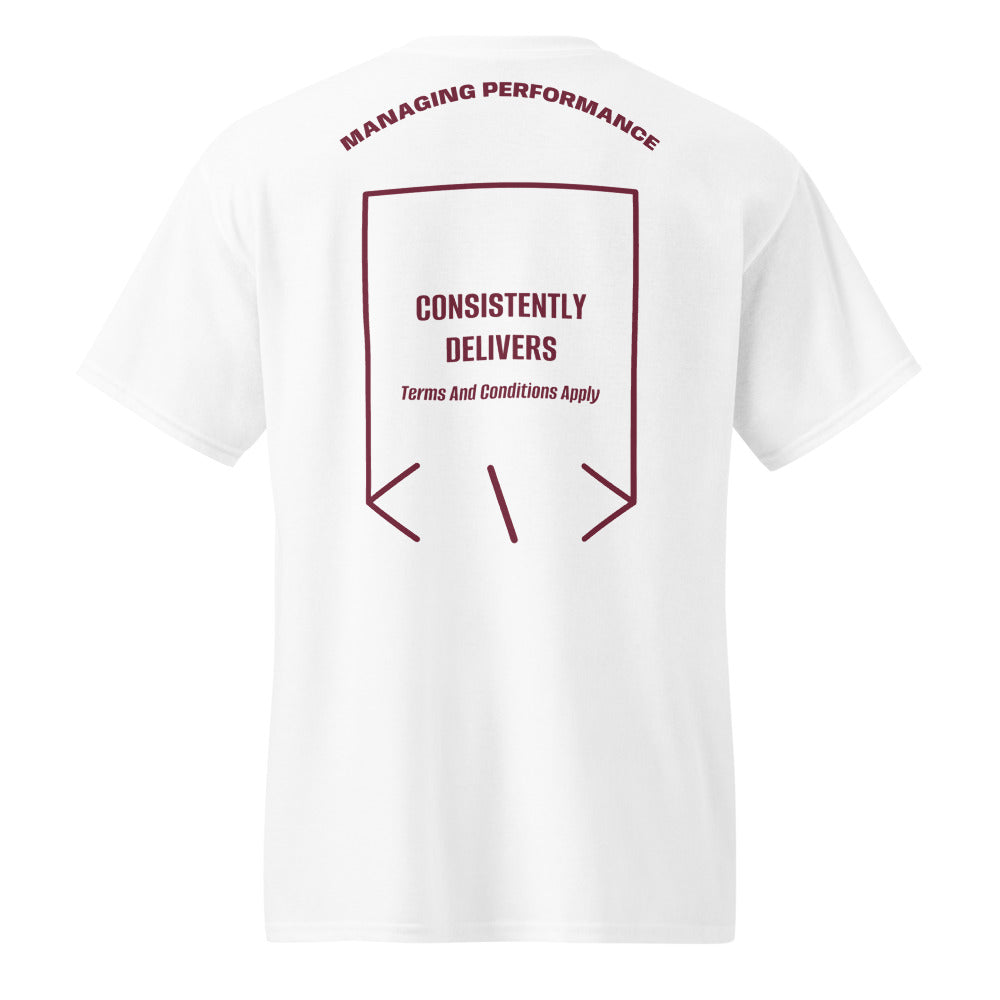 Consistently Delivers — White Maroon back mockup