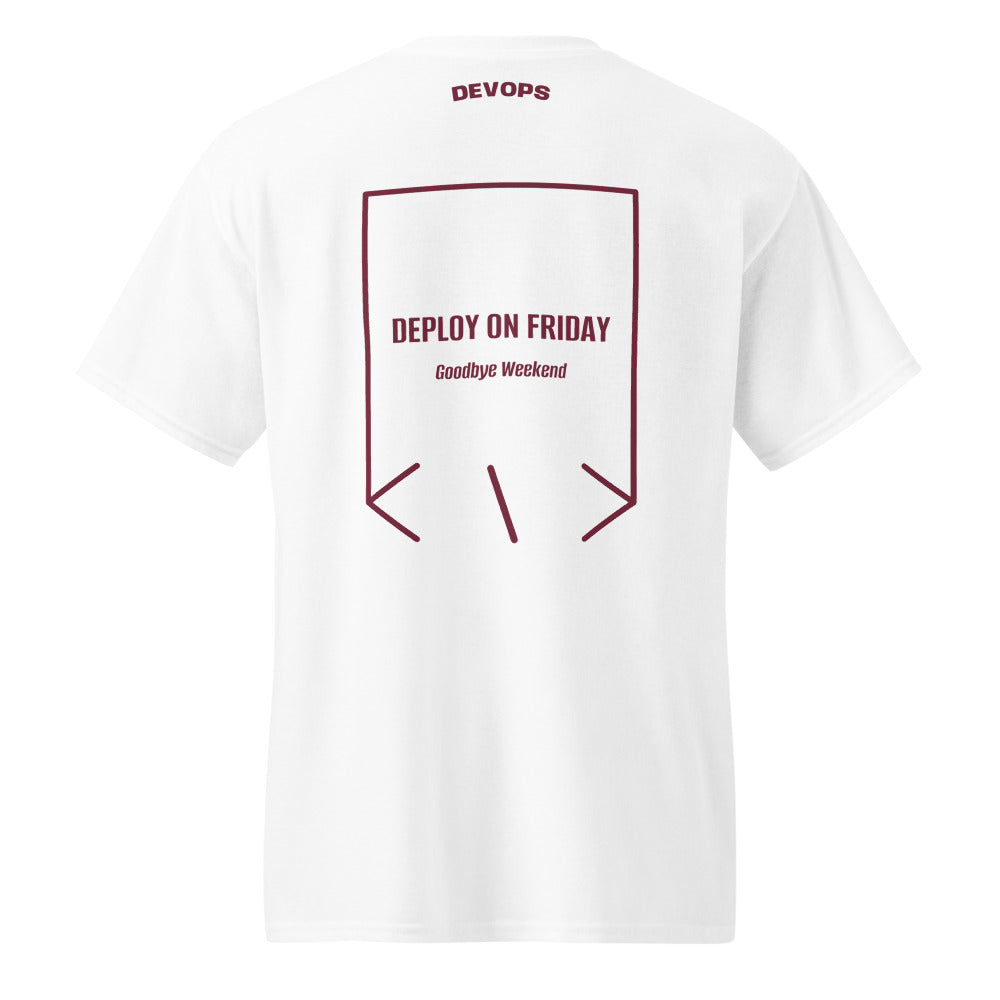 Deploy On Friday — White Maroon back mockup