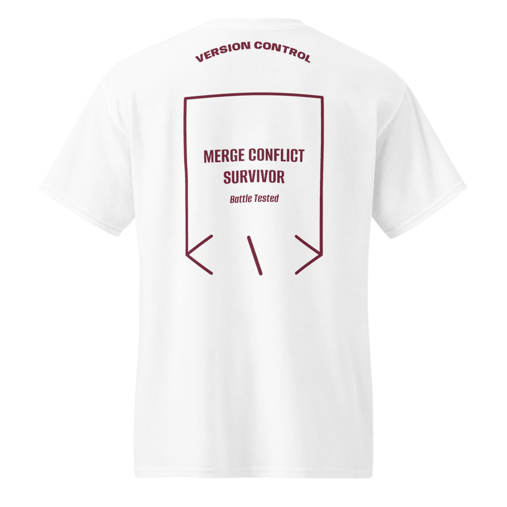 Merge Conflict Survivor — White Maroon back mockup