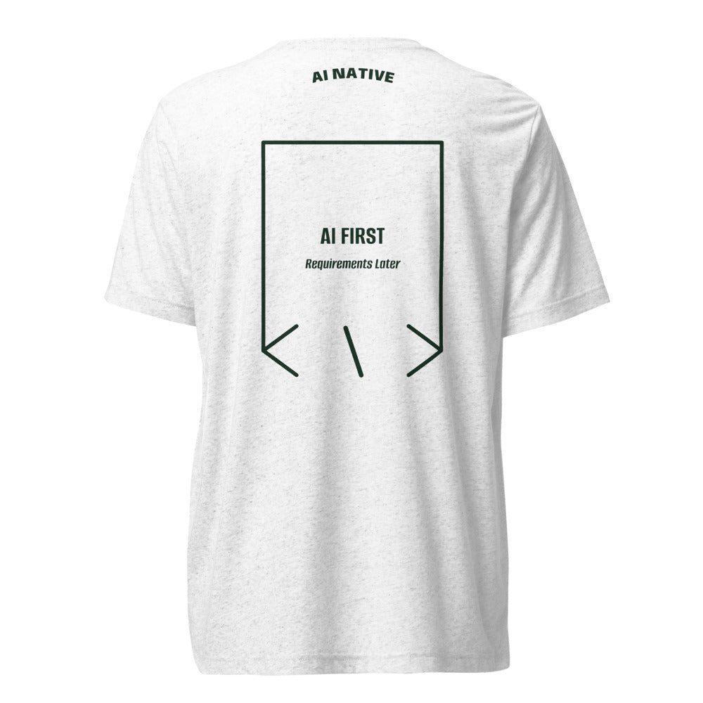 AI First — Solid White Triblend Emerald Triblend back mockup