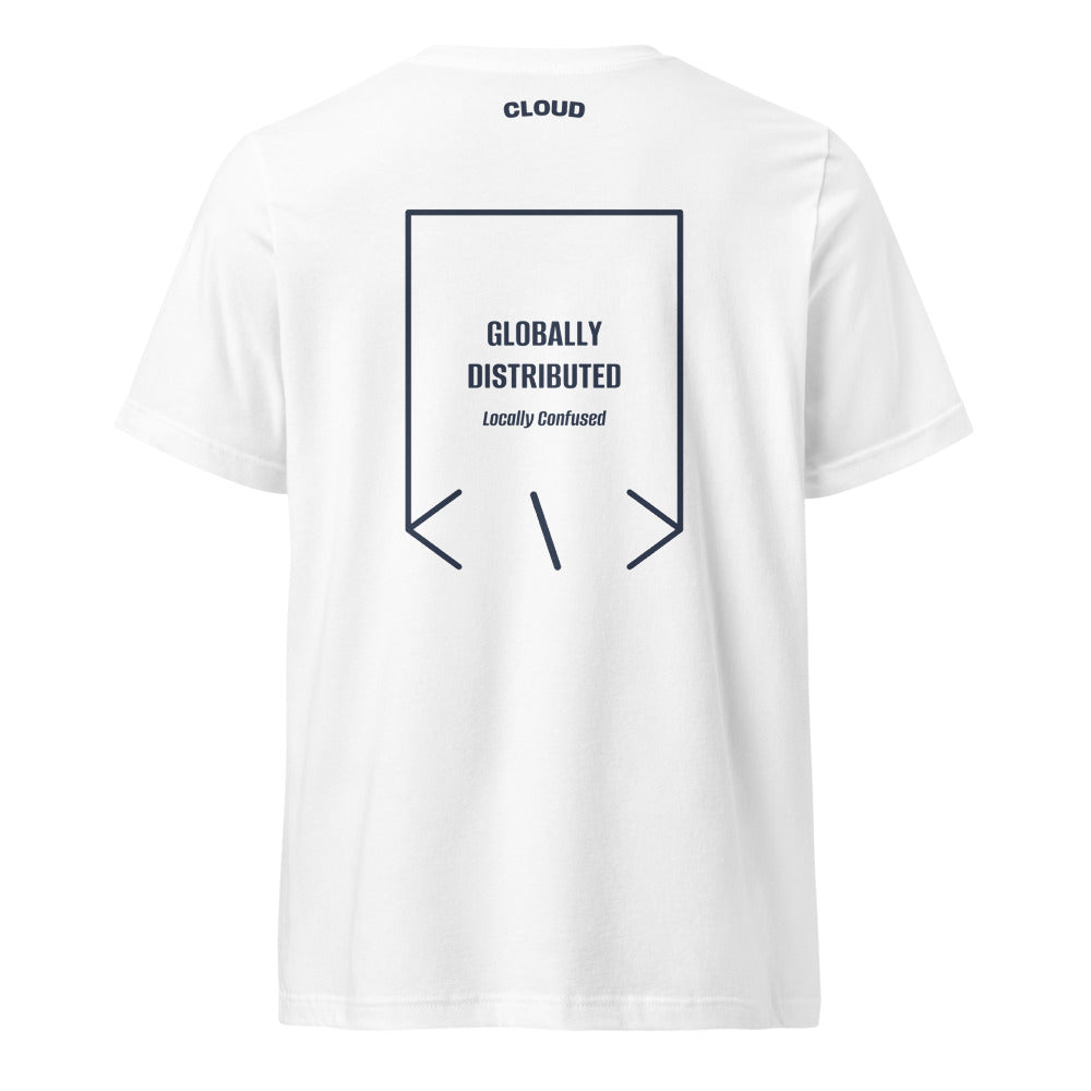 Globally Distributed — White Navy back mockup