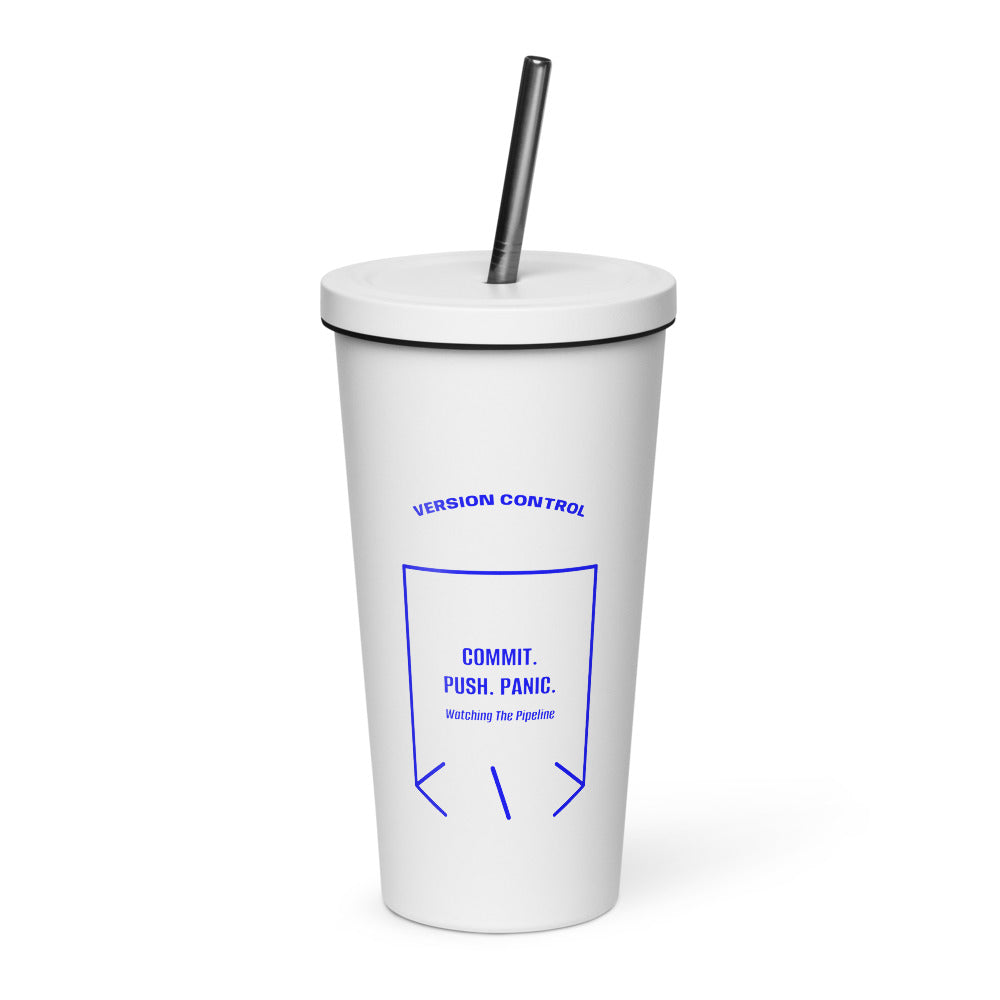 Commit. Push. Panic. — White Blue back mockup (20 oz)
