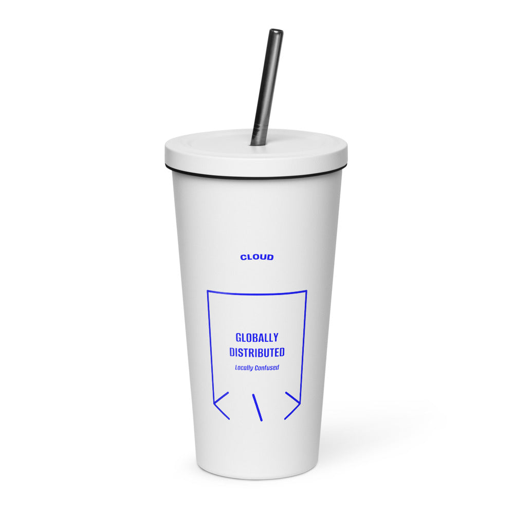 Globally Distributed — White Blue back mockup (20 oz)