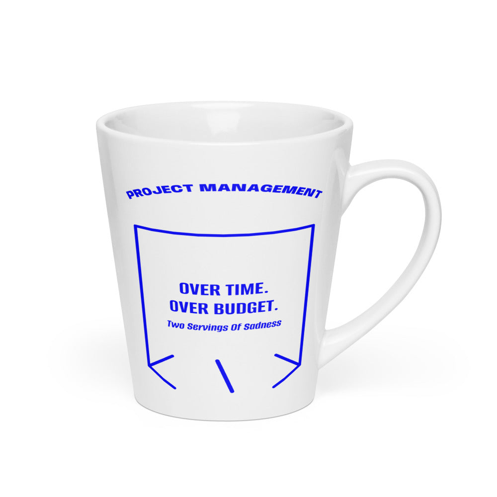 Over Time. Over Budget. — White Blue back mockup (12 oz)