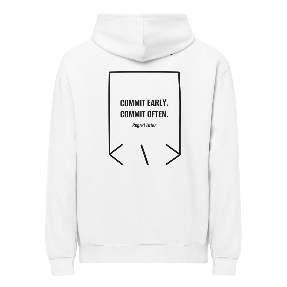 Commit Early. Commit Often. — White Black back mockup