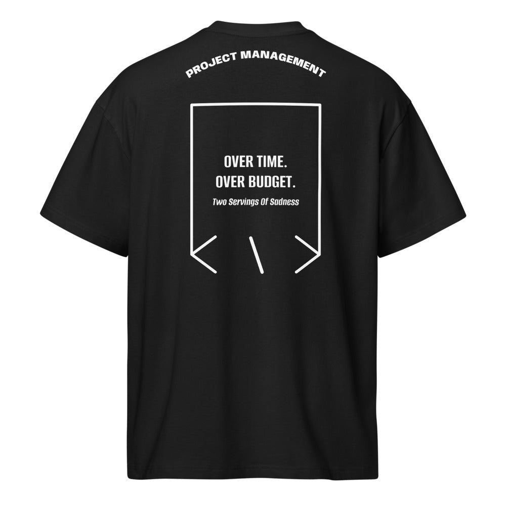 Over Time. Over Budget. — Black White back mockup