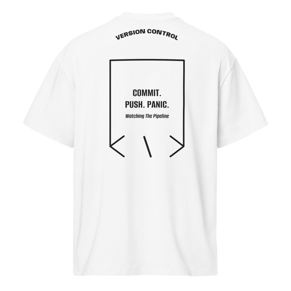 Commit. Push. Panic. — White Black back mockup