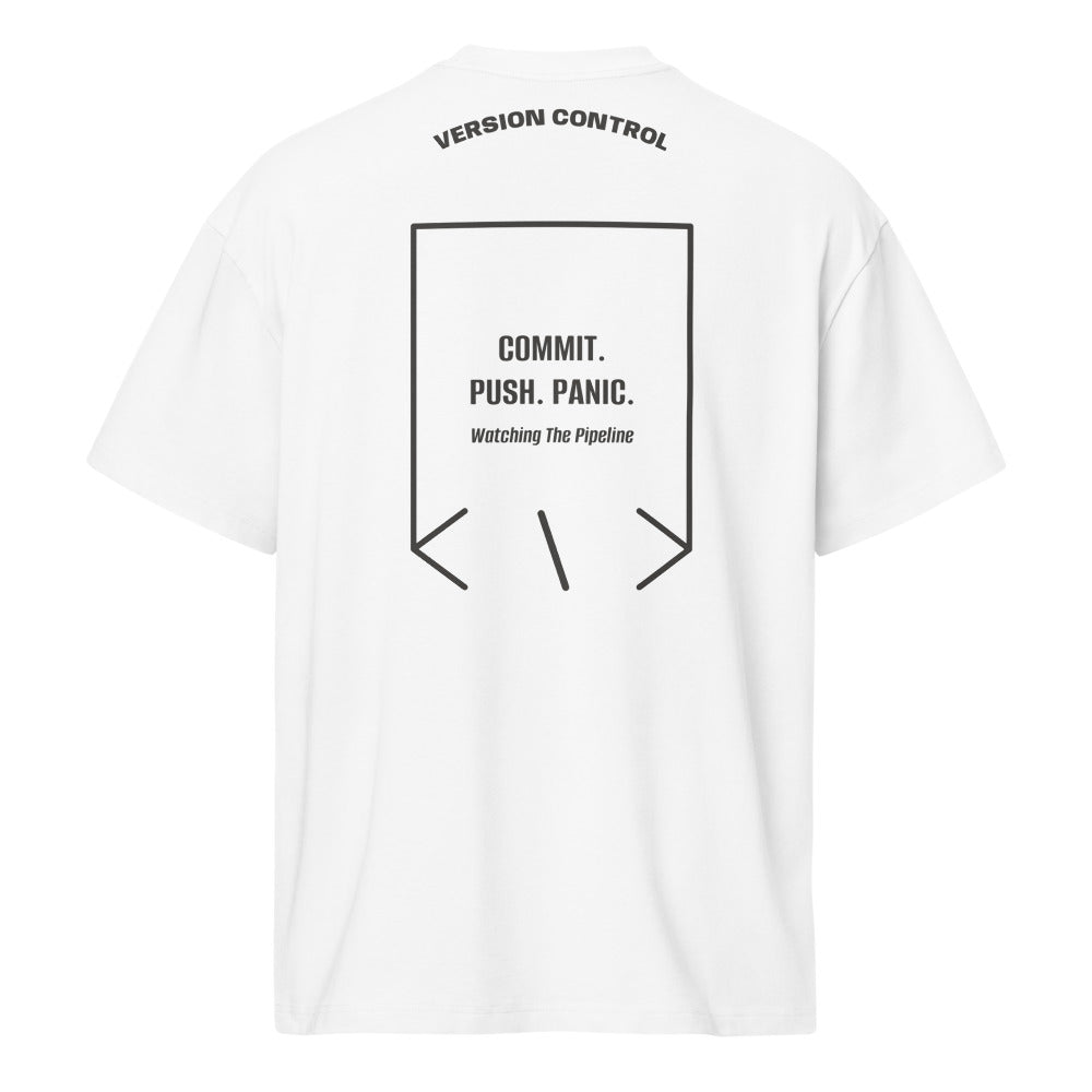 Commit. Push. Panic. — White Vintage Black back mockup