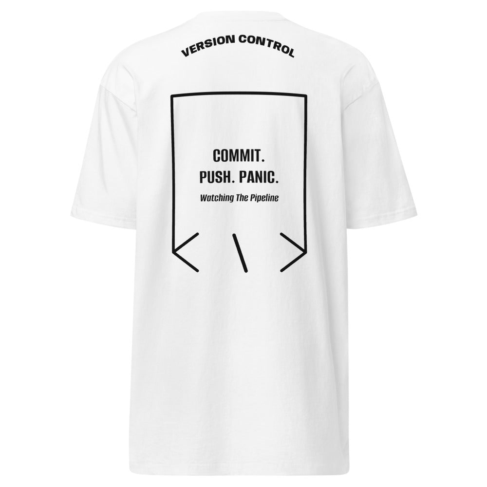 Commit. Push. Panic. — White Black back mockup