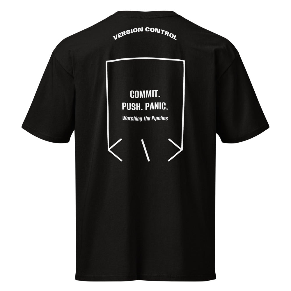 Commit. Push. Panic. — Black White back mockup