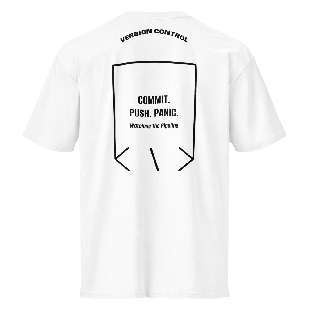 Commit. Push. Panic. — White Black back mockup
