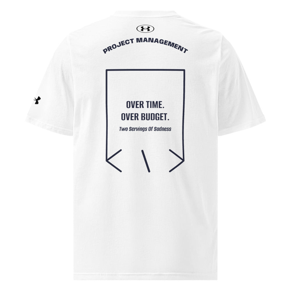 Over Time. Over Budget. — White Navy back mockup