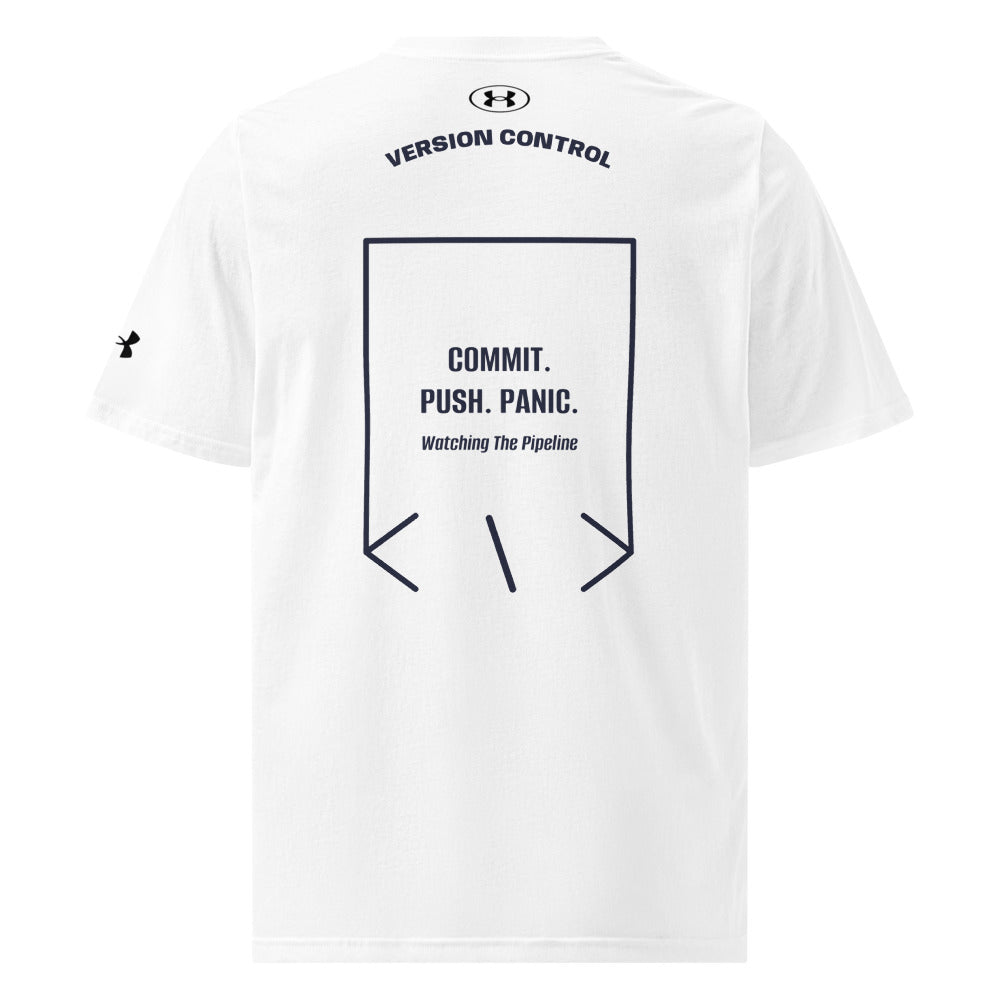 Commit. Push. Panic. — White Navy back mockup