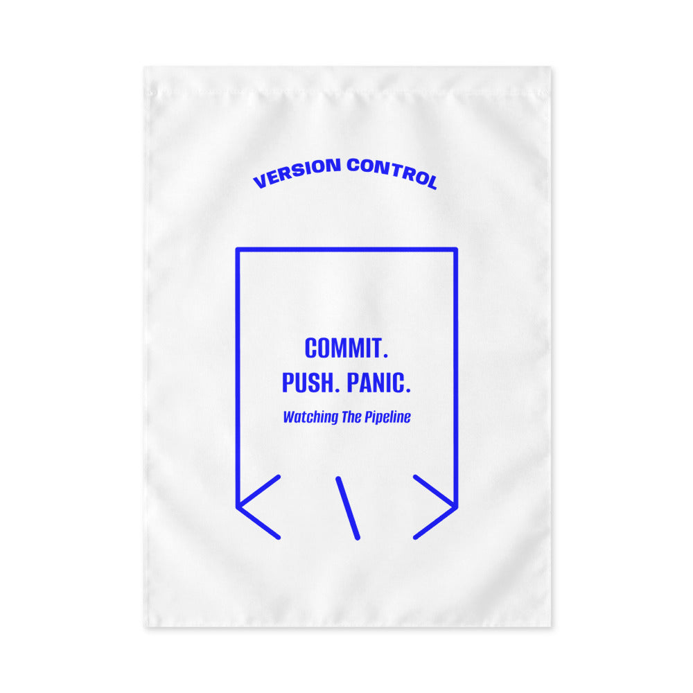 Commit. Push. Panic. — White Blue back mockup