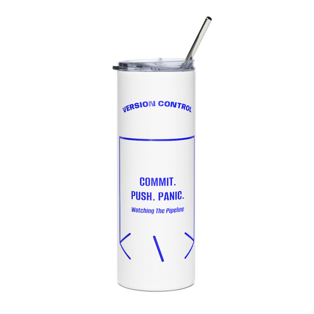 Commit. Push. Panic. — White Blue back mockup (20 oz)