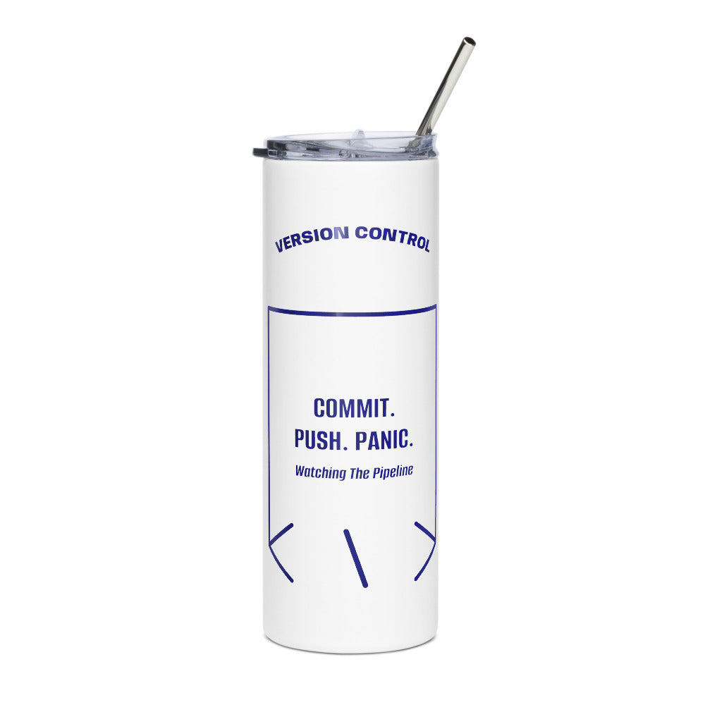 Commit. Push. Panic. — White Navy back mockup (20 oz)