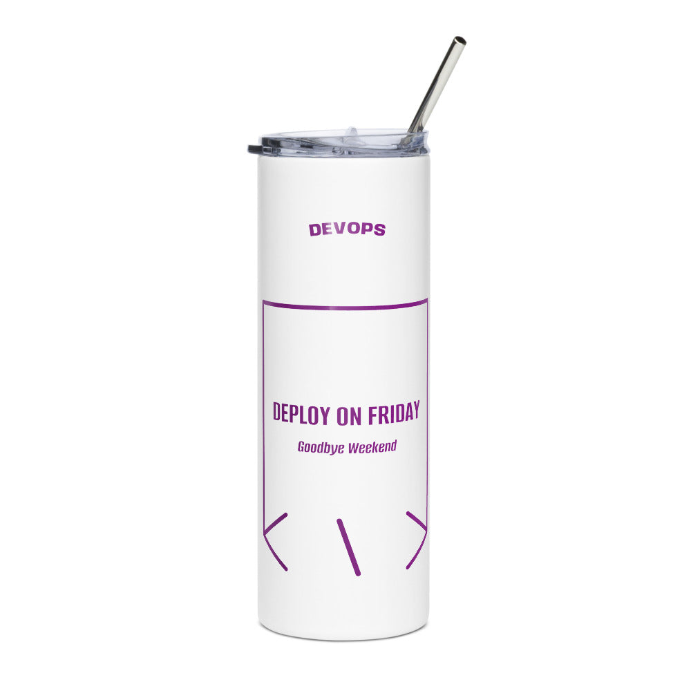 Deploy On Friday — White Purple back mockup (20 oz)