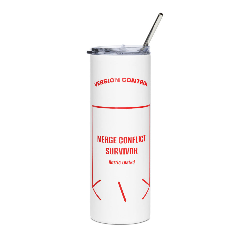 Merge Conflict Survivor — White Red back mockup (20 oz)