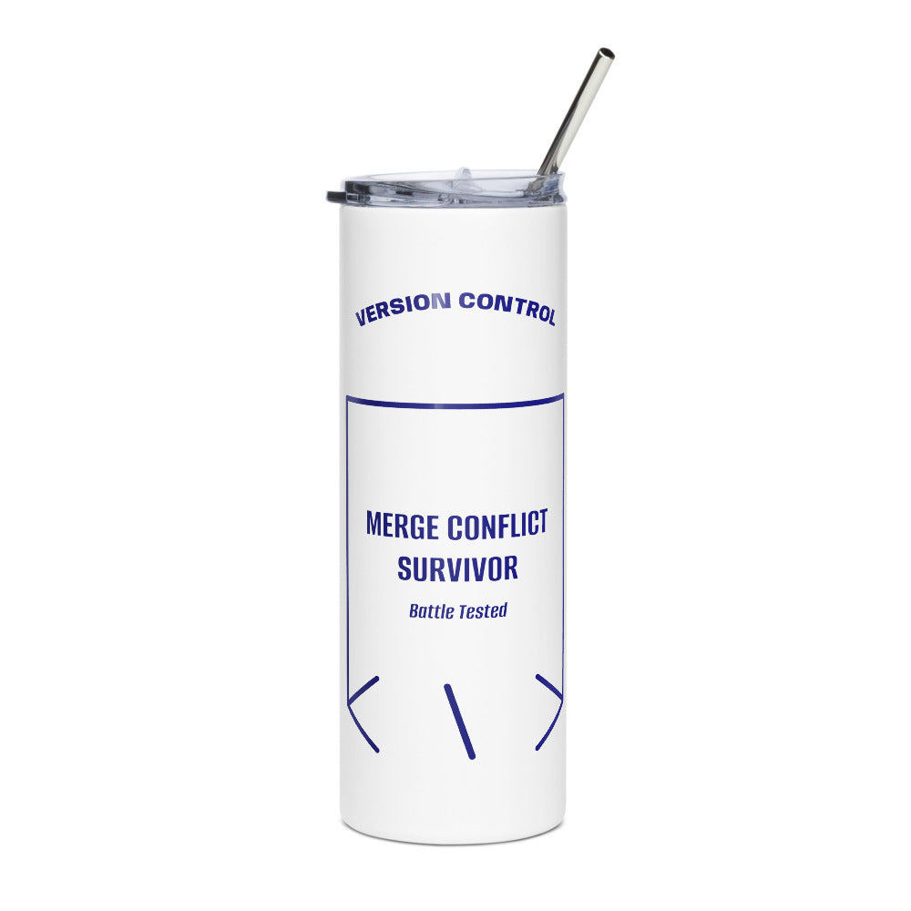 Merge Conflict Survivor — White Navy back mockup (20 oz)