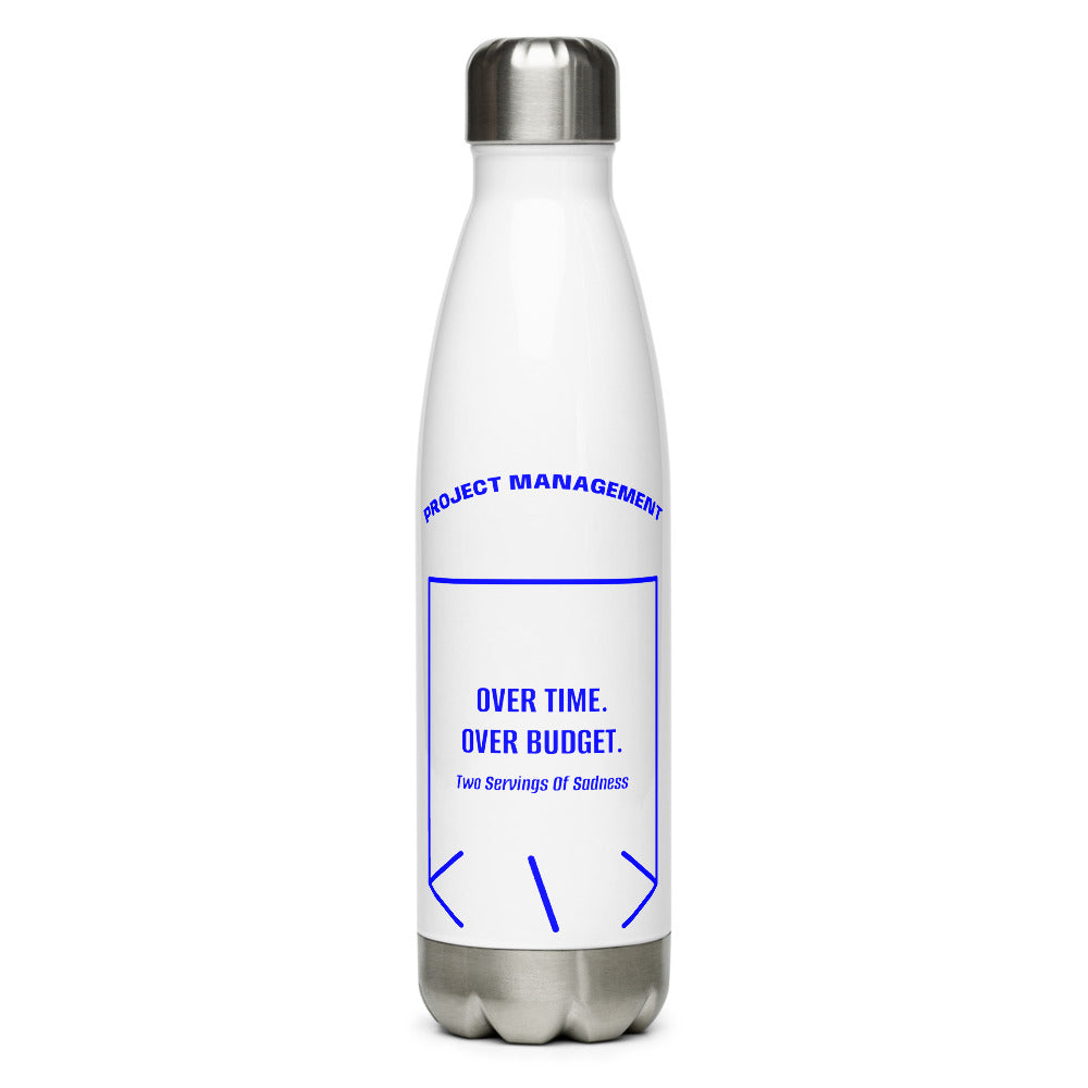 Over Time. Over Budget. — White Blue back mockup (17 oz)