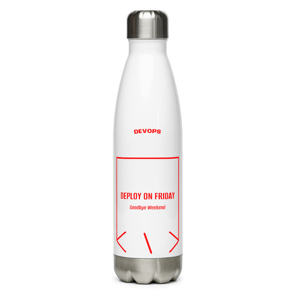 Deploy On Friday — White Red back mockup (17 oz)