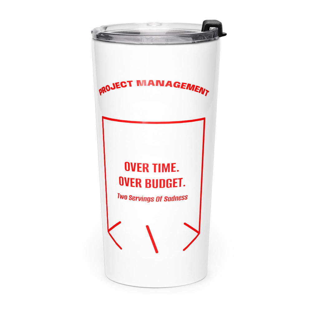 Over Time. Over Budget. — White Red back mockup (20oz)