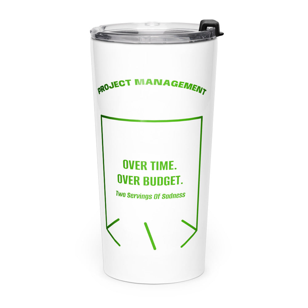 Over Time. Over Budget. — White Green back mockup (20oz)