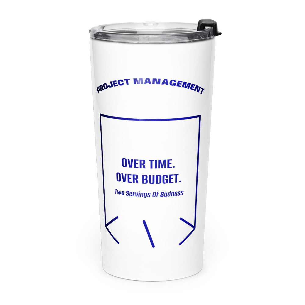 Over Time. Over Budget. — White Navy back mockup (20oz)