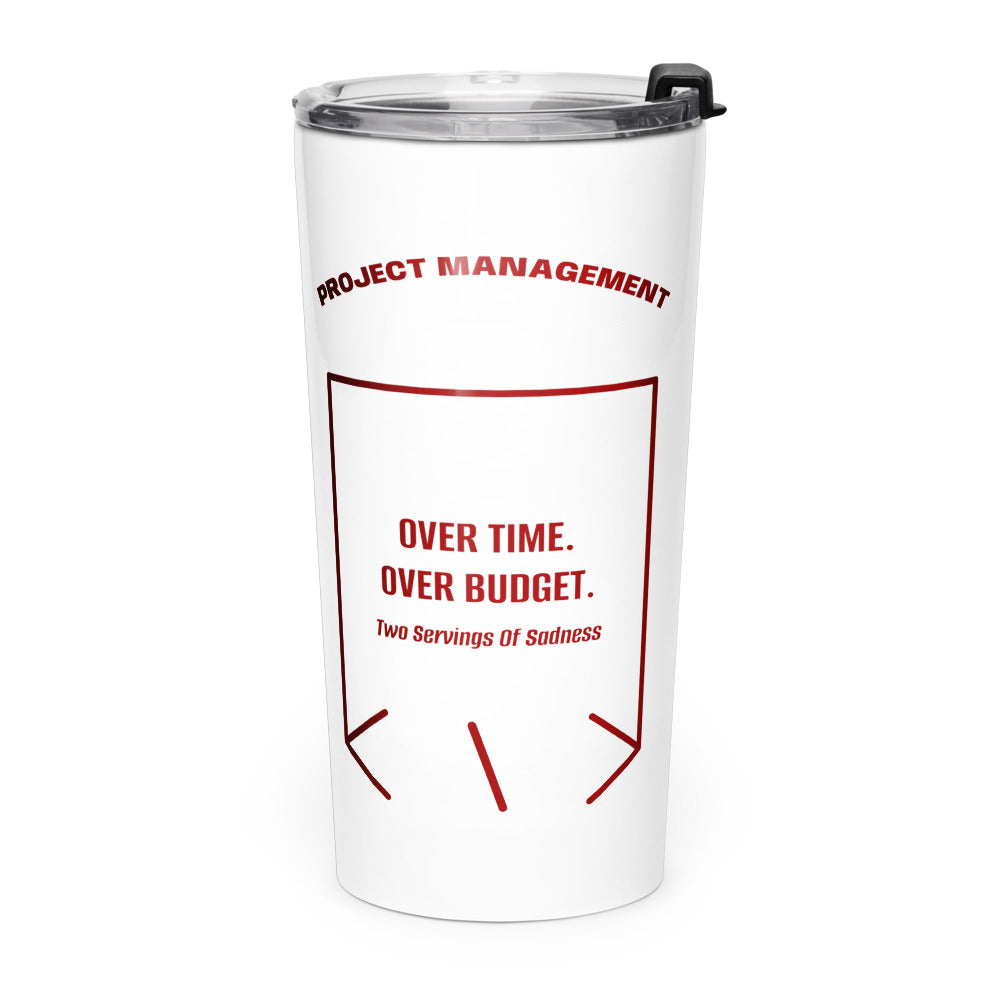 Over Time. Over Budget. — White Maroon back mockup (20oz)