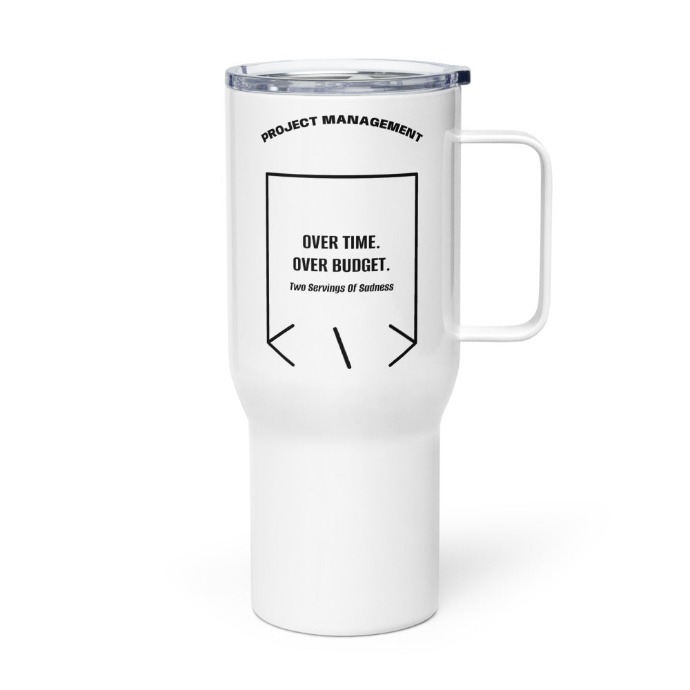 Over Time. Over Budget. — White Black back mockup (25 oz)