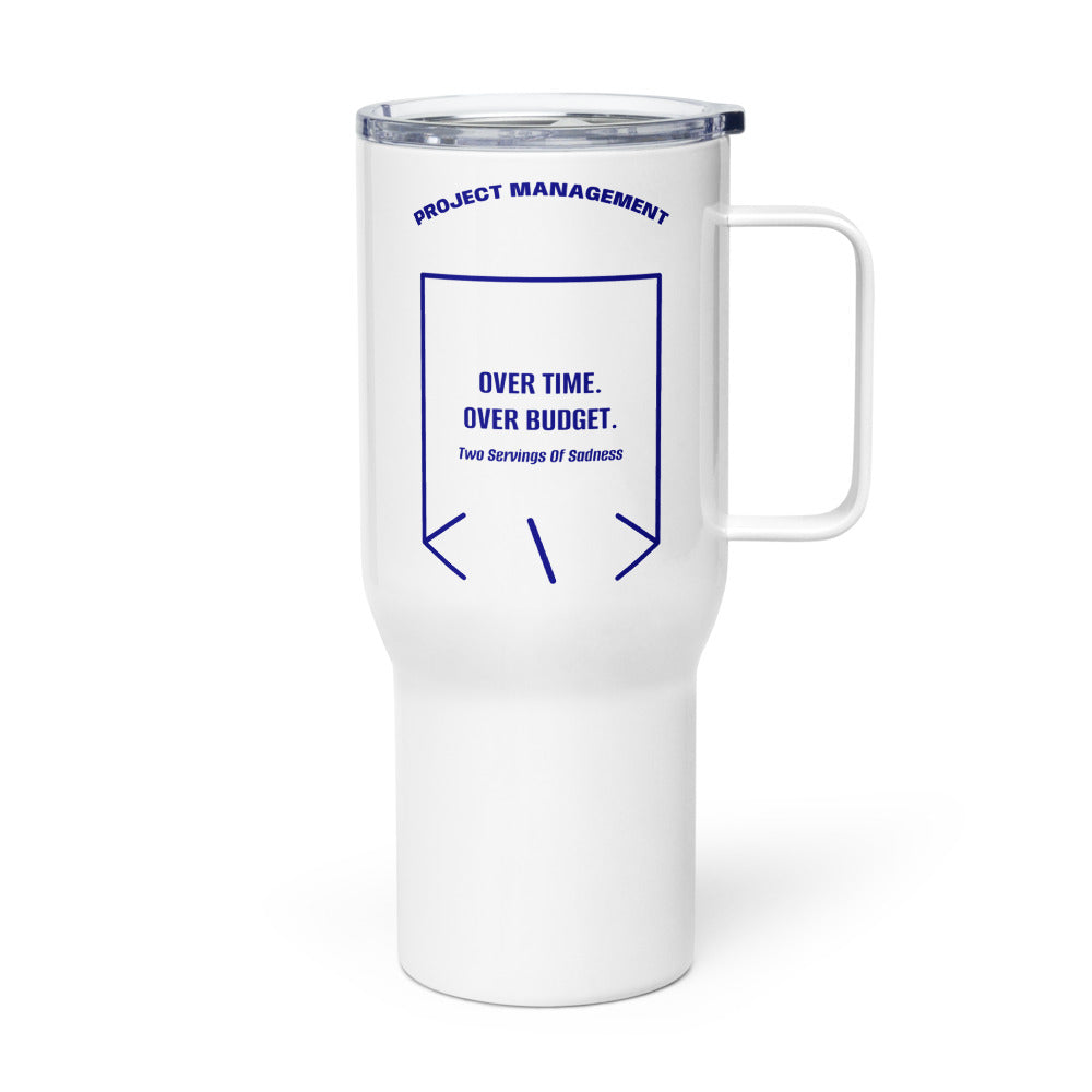 Over Time. Over Budget. — White Navy back mockup (25 oz)