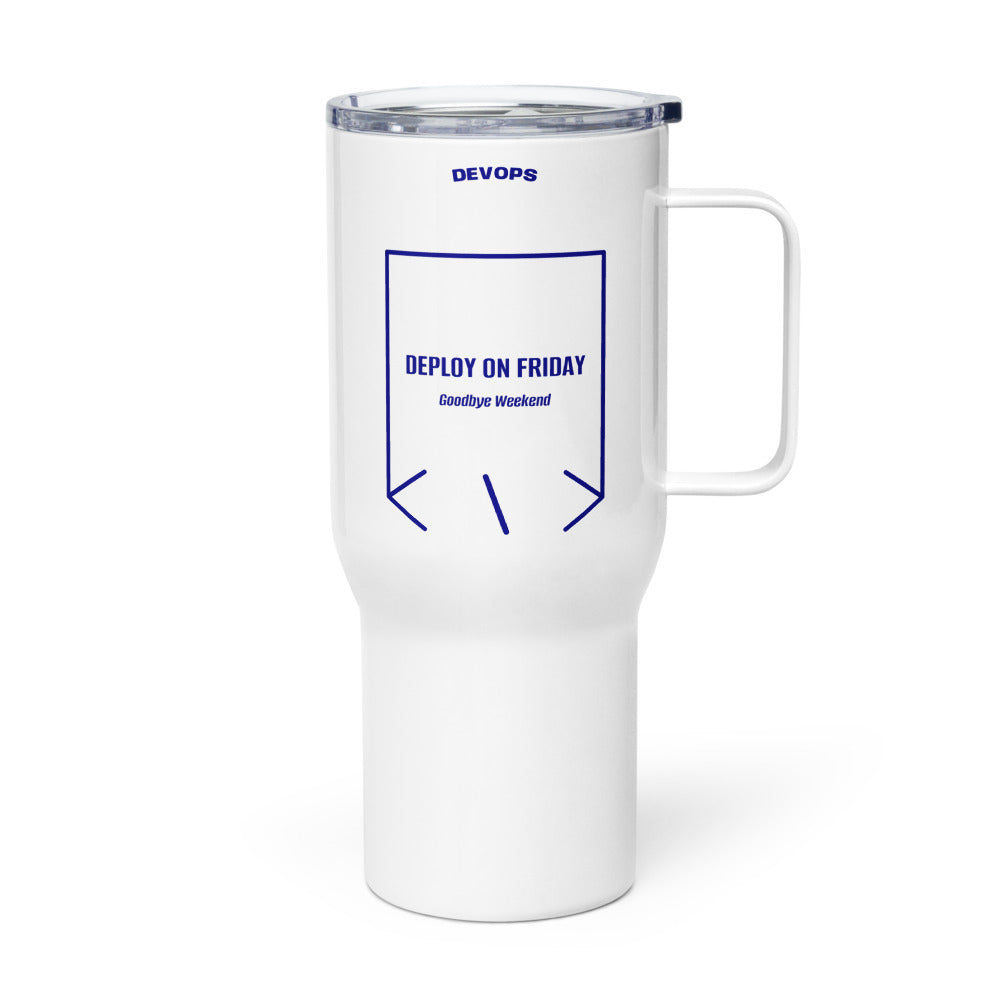 Deploy On Friday — White Navy back mockup (25 oz)