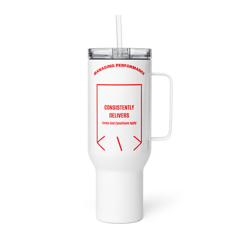 Consistently Delivers — White Red back mockup (40 oz)