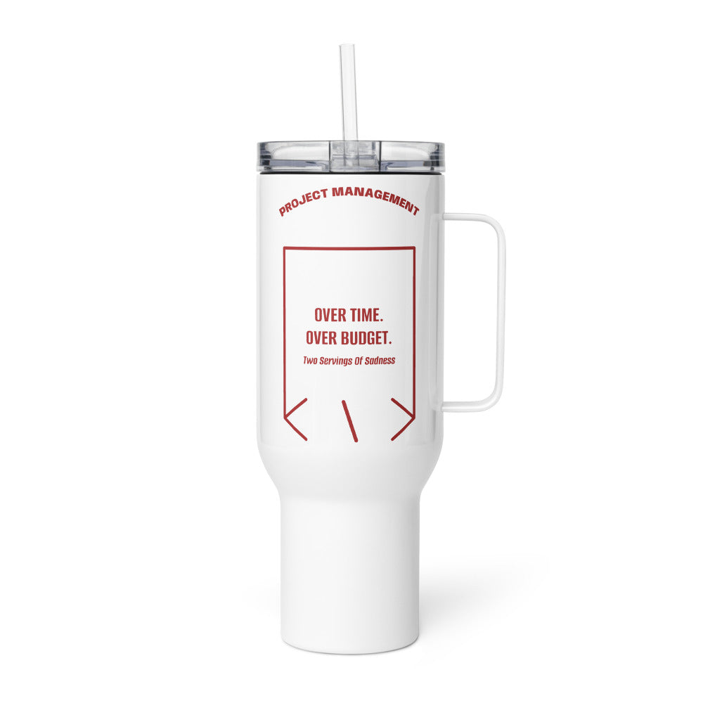 Over Time. Over Budget. — White Brown back mockup (40 oz)